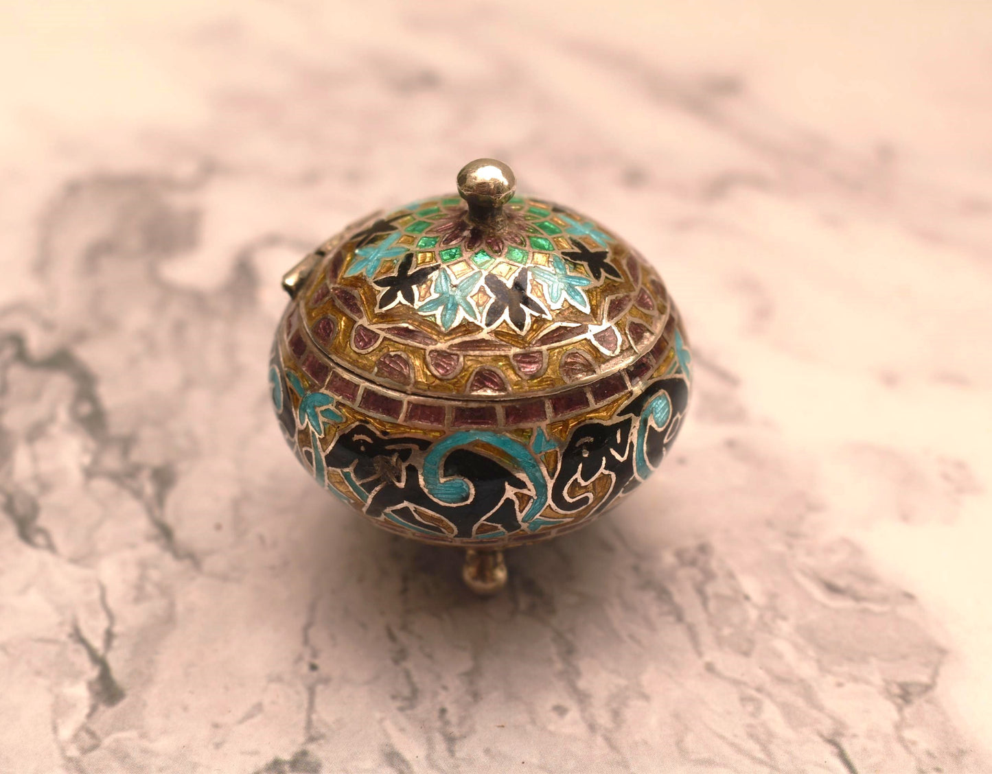 Chinese Silver and Enamel Trinket Box - Gorgeous Enamel Lined Pot on Three Ball Feet