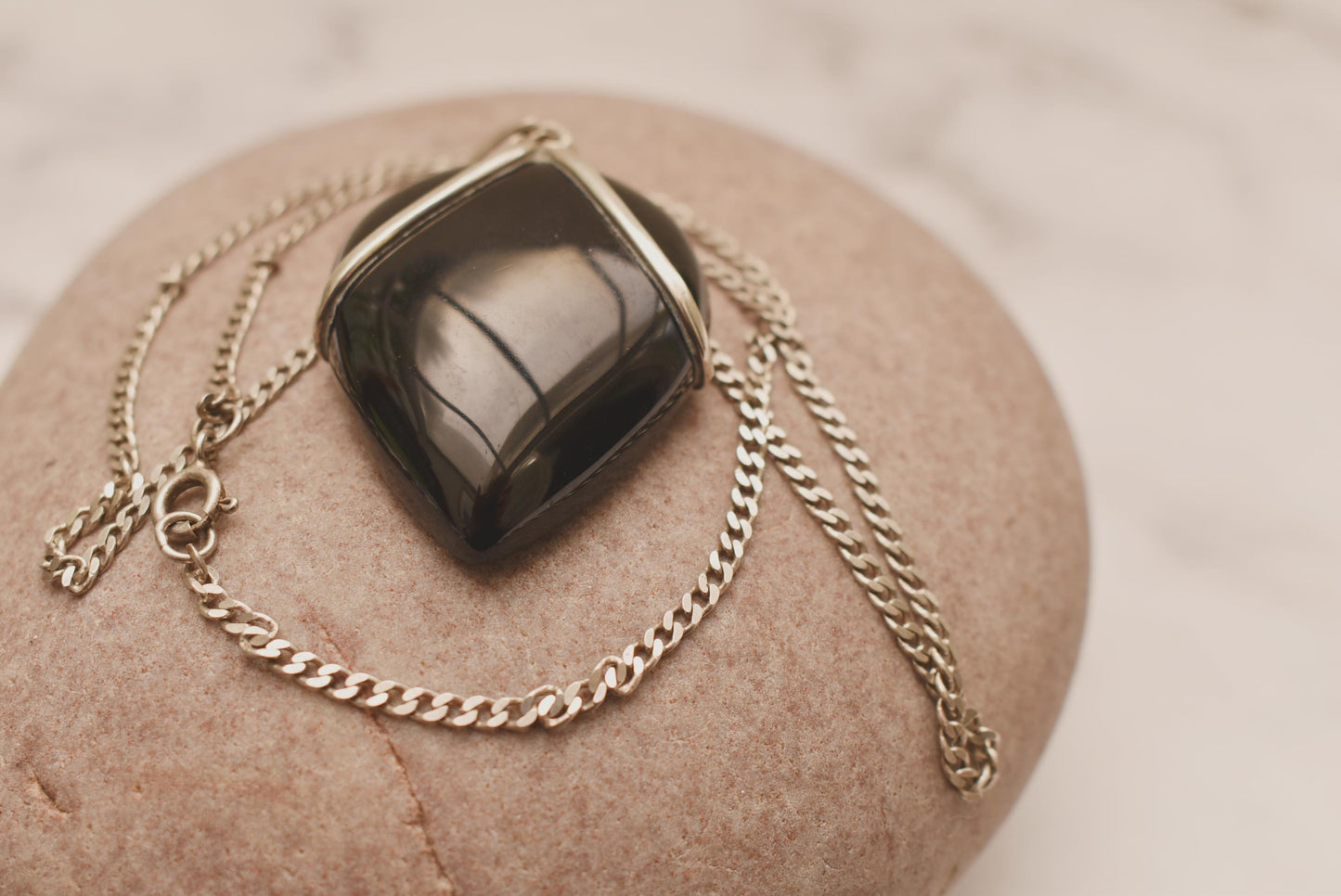 Silver Onyx Large Necklace - Beautiful Heavy Silver Bound Teardrop Black Stone on 18 Inch Sterling Chain
