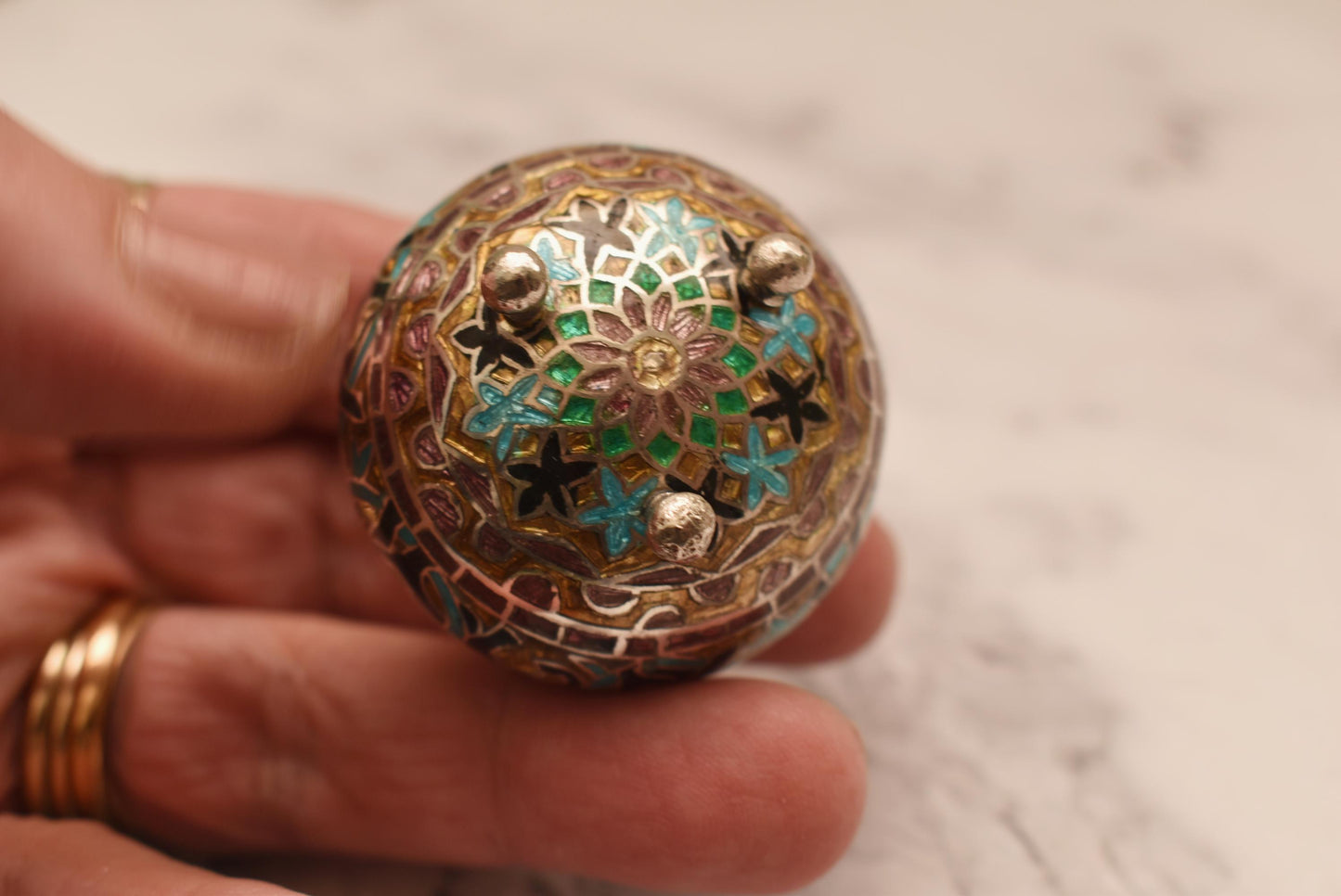 Chinese Silver and Enamel Trinket Box - Gorgeous Enamel Lined Pot on Three Ball Feet