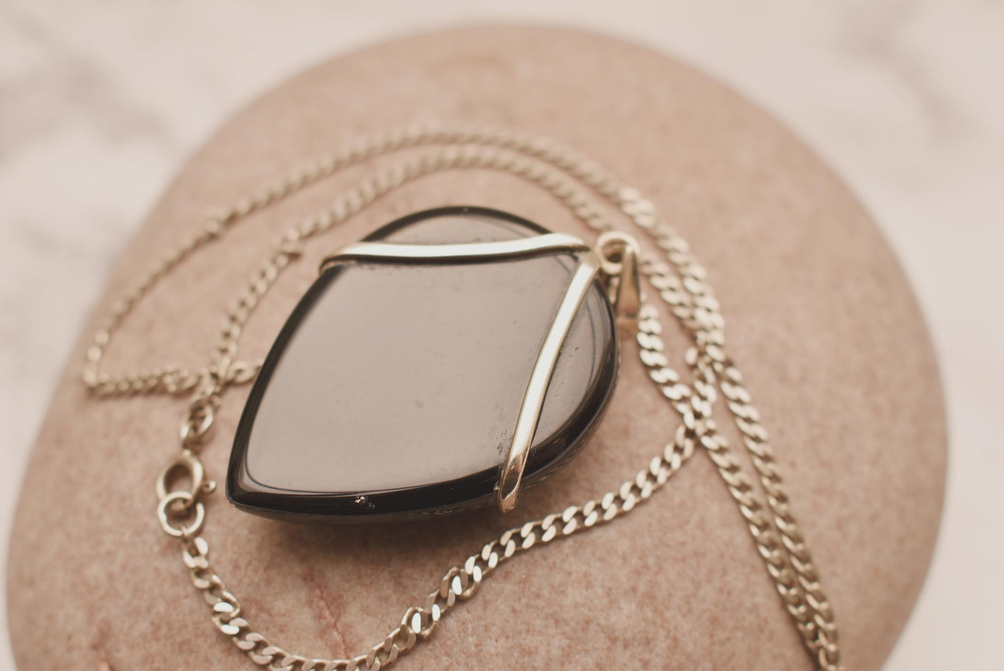 Silver Onyx Large Necklace - Beautiful Heavy Silver Bound Teardrop Black Stone on 18 Inch Sterling Chain