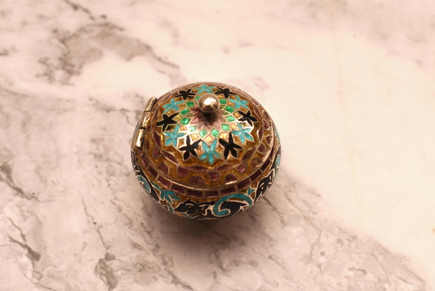 Chinese Silver and Enamel Trinket Box - Gorgeous Enamel Lined Pot on Three Ball Feet