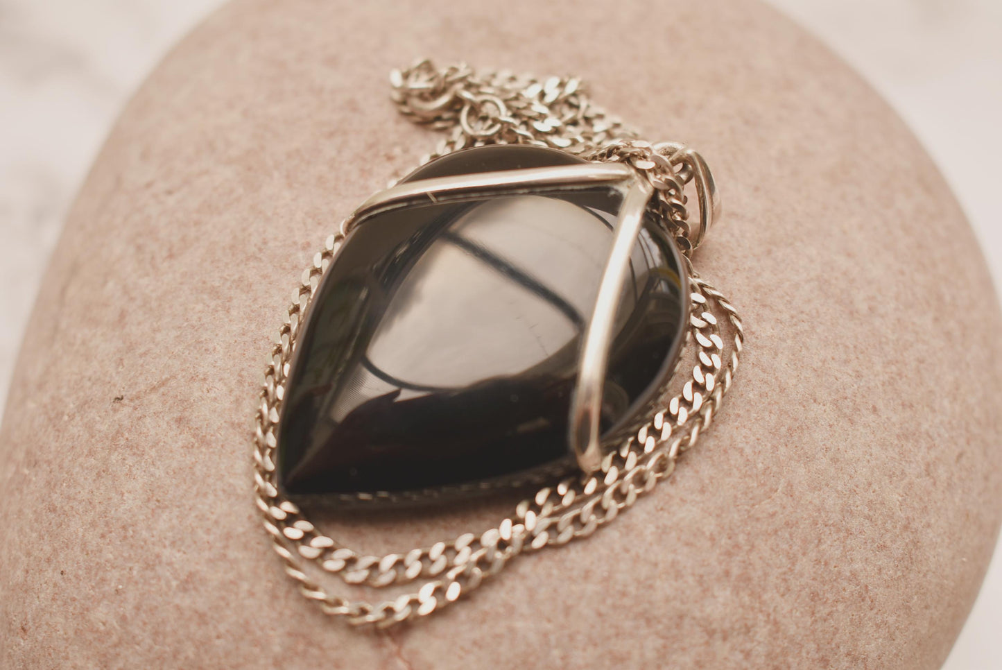 Silver Onyx Large Necklace - Beautiful Heavy Silver Bound Teardrop Black Stone on 18 Inch Sterling Chain
