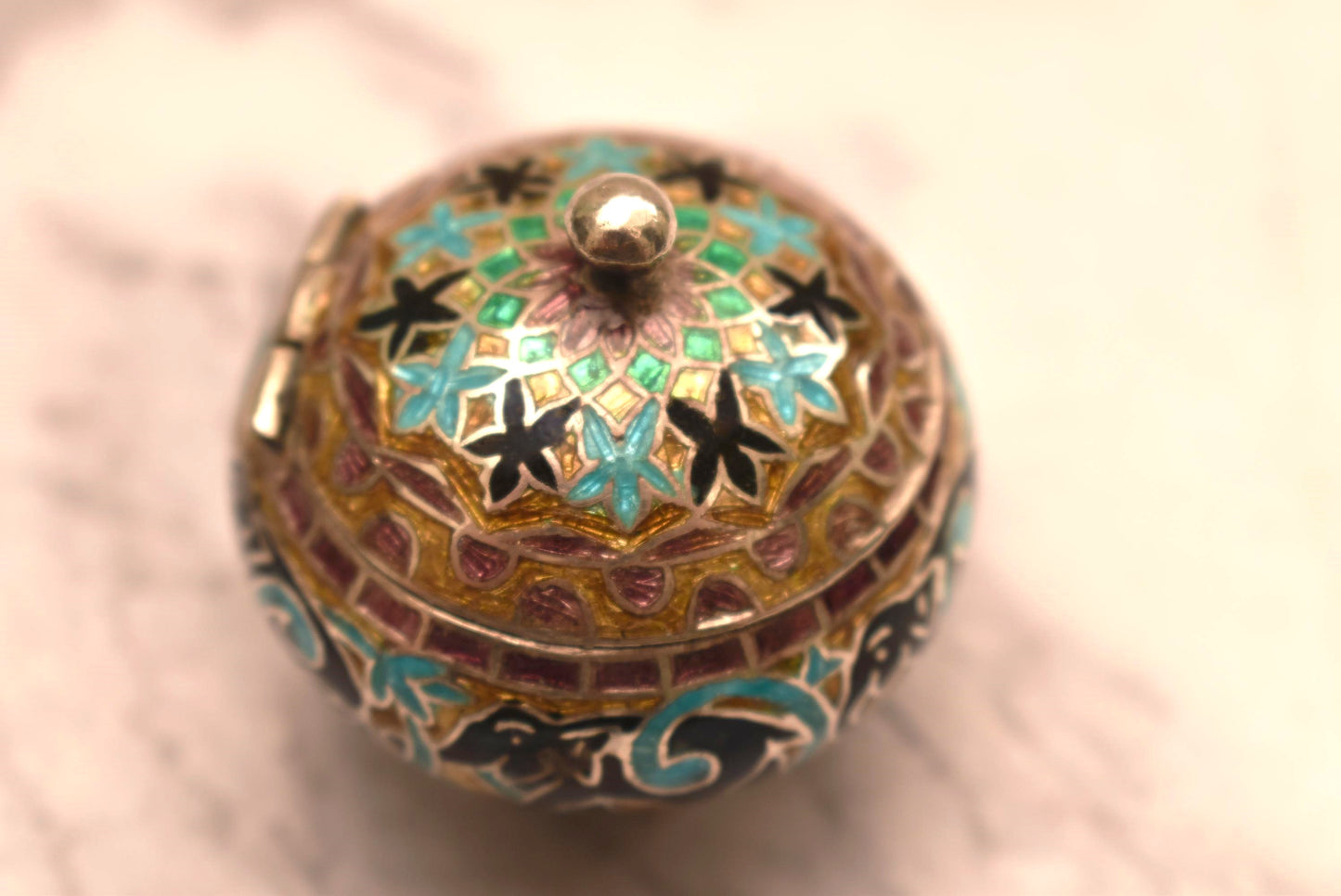 Chinese Silver and Enamel Trinket Box - Gorgeous Enamel Lined Pot on Three Ball Feet