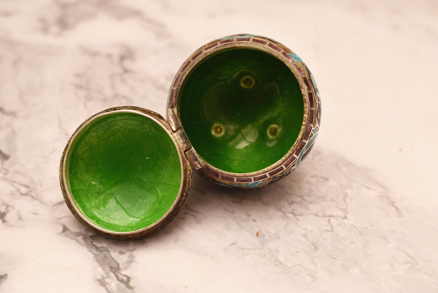 Chinese Silver and Enamel Trinket Box - Gorgeous Enamel Lined Pot on Three Ball Feet