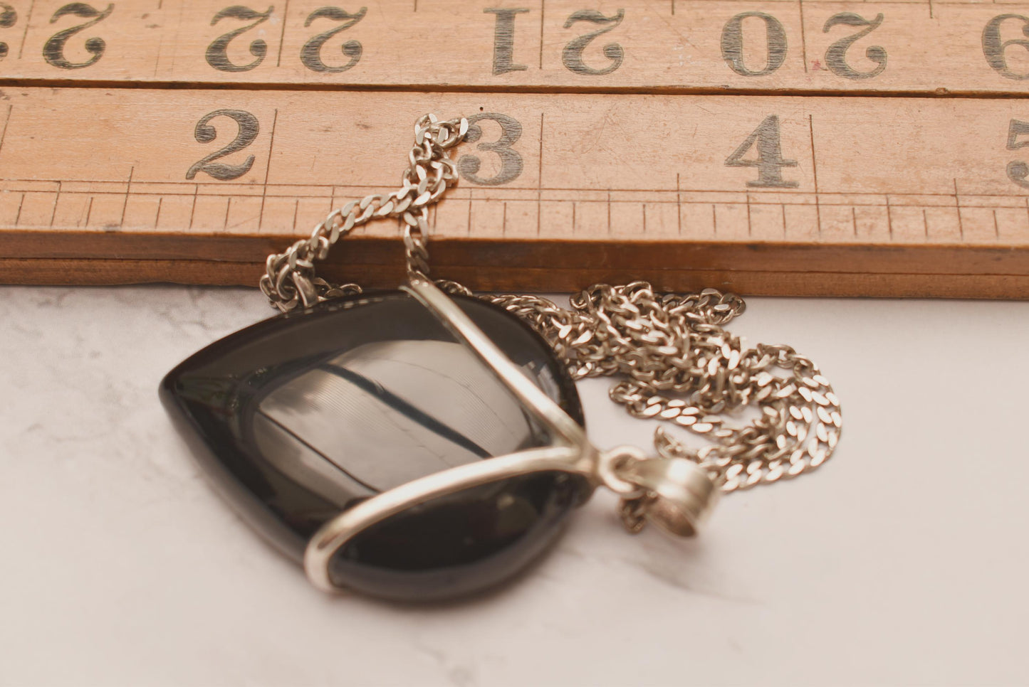 Silver Onyx Large Necklace - Beautiful Heavy Silver Bound Teardrop Black Stone on 18 Inch Sterling Chain