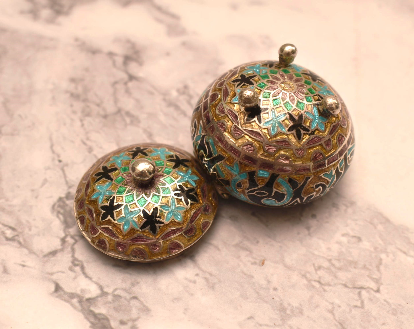 Chinese Silver and Enamel Trinket Box - Gorgeous Enamel Lined Pot on Three Ball Feet