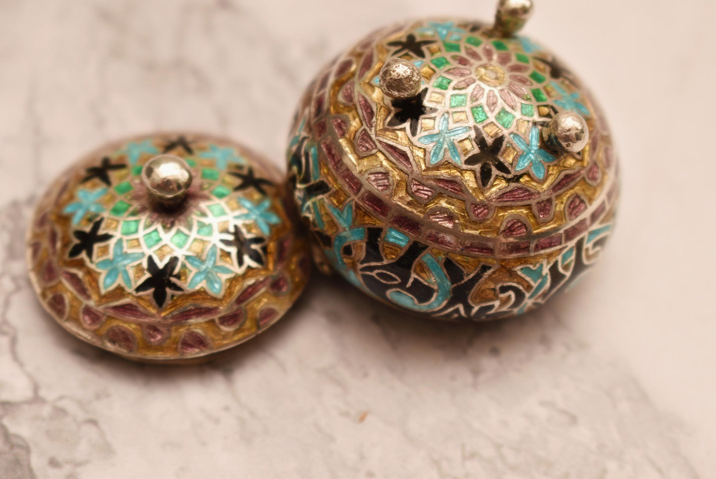 Chinese Silver and Enamel Trinket Box - Gorgeous Enamel Lined Pot on Three Ball Feet