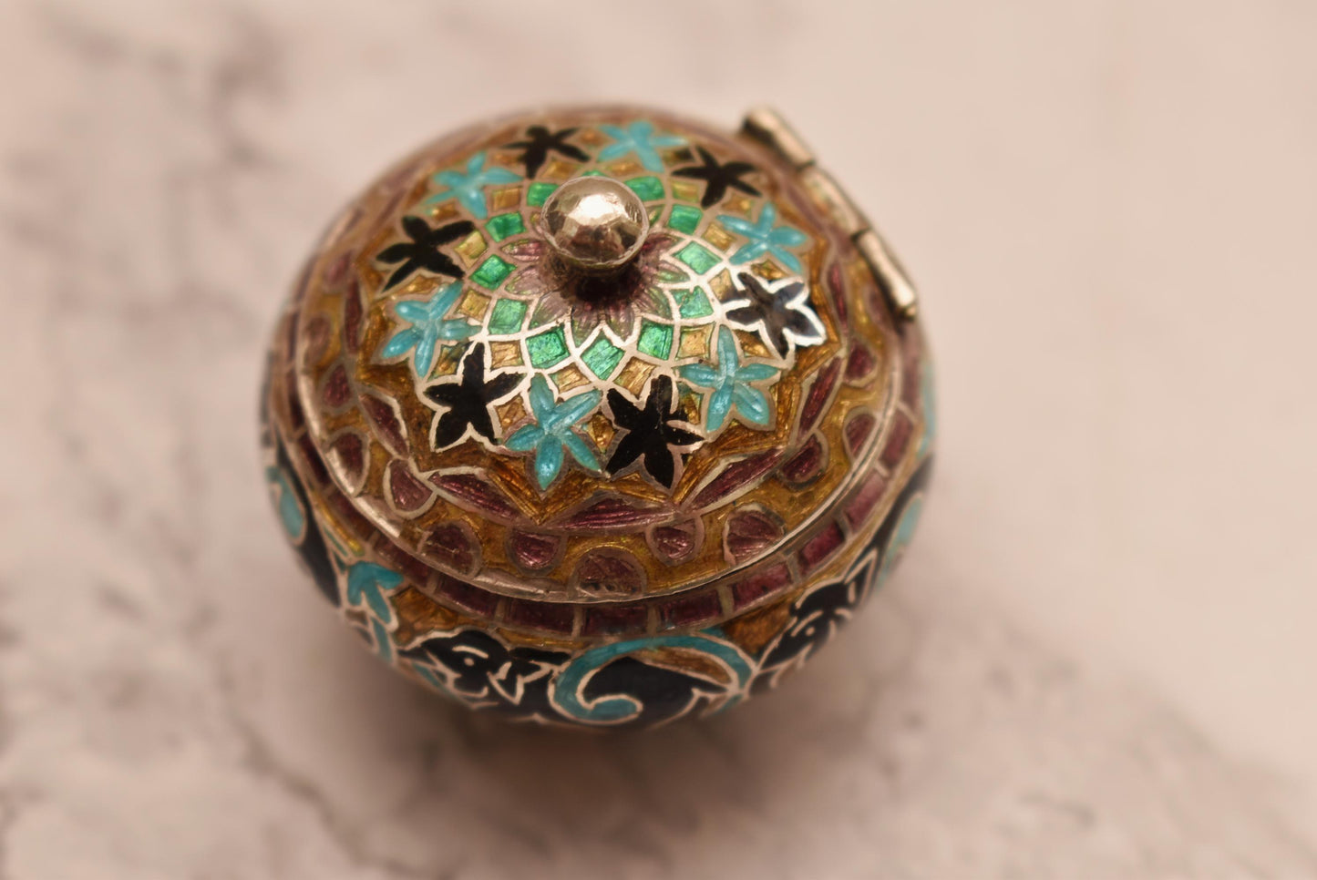 Chinese Silver and Enamel Trinket Box - Gorgeous Enamel Lined Pot on Three Ball Feet