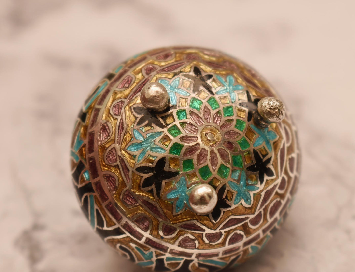 Chinese Silver and Enamel Trinket Box - Gorgeous Enamel Lined Pot on Three Ball Feet