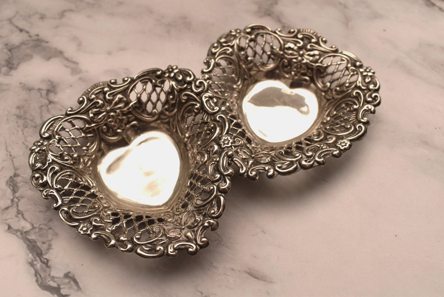 Pair of Silver Victorian Dishes - Stunning Heart Shaped 1897 Henry Matthews Bon Bon Trays
