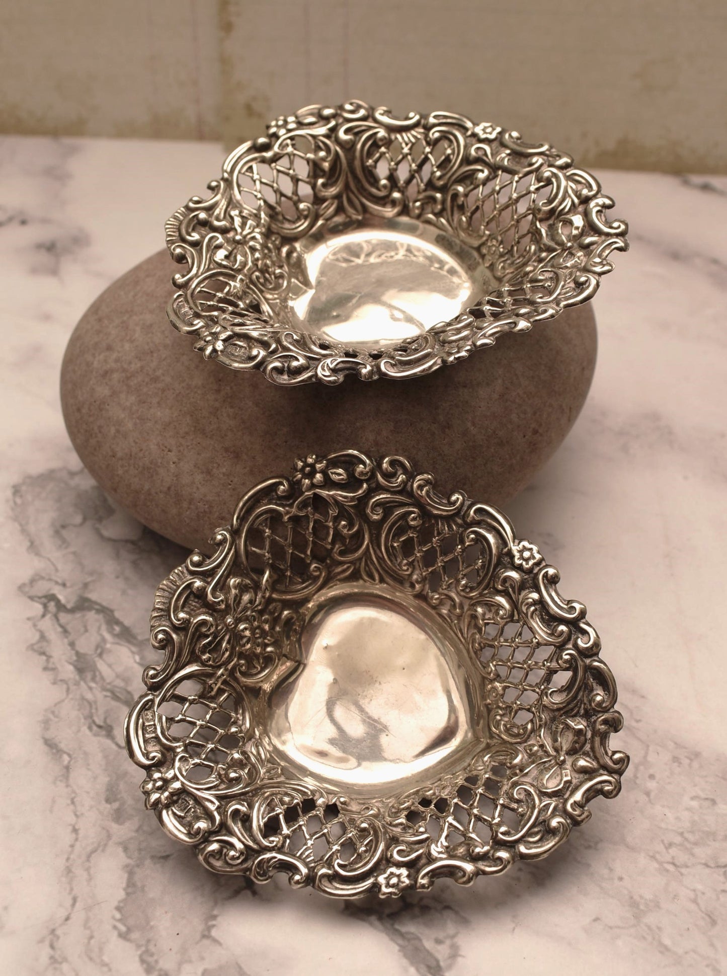 Pair of Silver Victorian Dishes - Stunning Heart Shaped 1897 Henry Matthews Bon Bon Trays