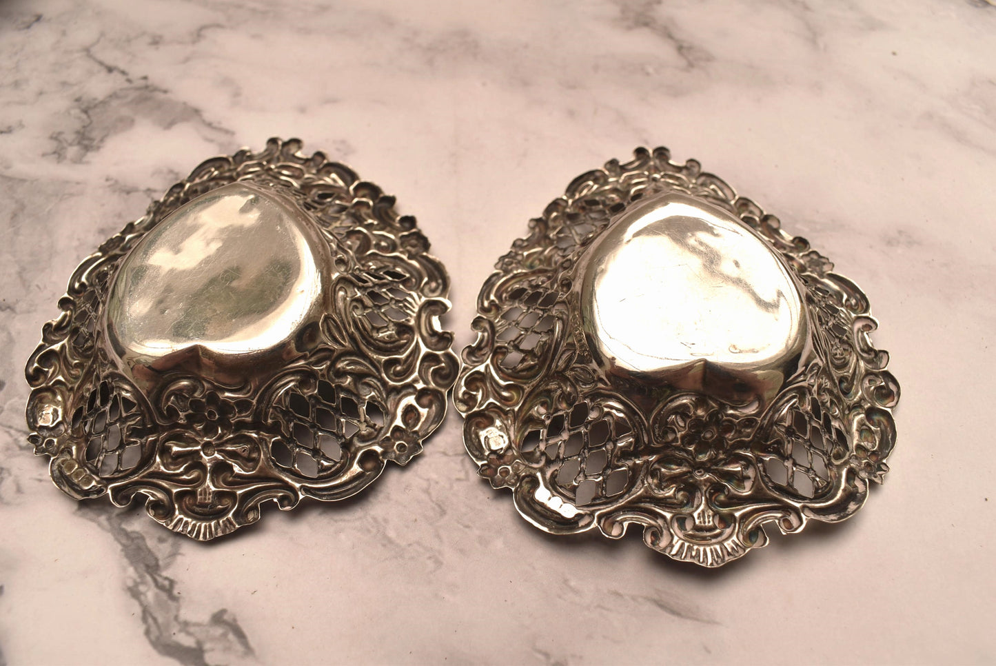Pair of Silver Victorian Dishes - Stunning Heart Shaped 1897 Henry Matthews Bon Bon Trays