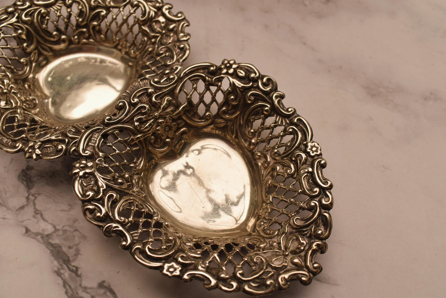 Pair of Silver Victorian Dishes - Stunning Heart Shaped 1897 Henry Matthews Bon Bon Trays