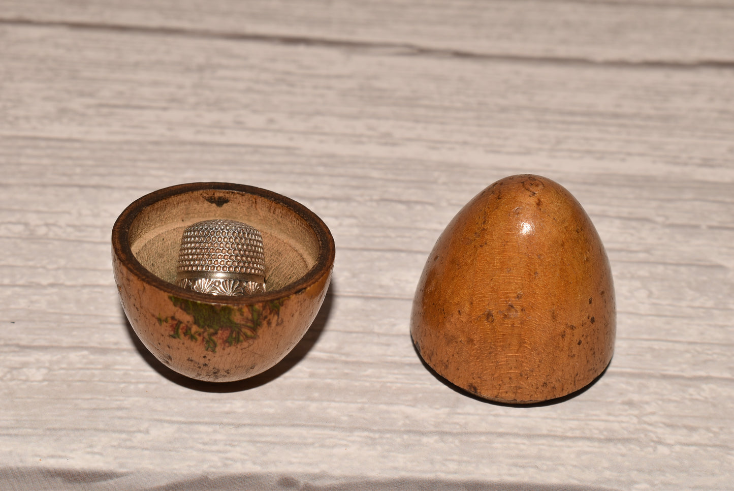 Antique Mauchline Thimble Etui with Charles Horner Thimble - Gorgeous Wooden Egg Secret Box