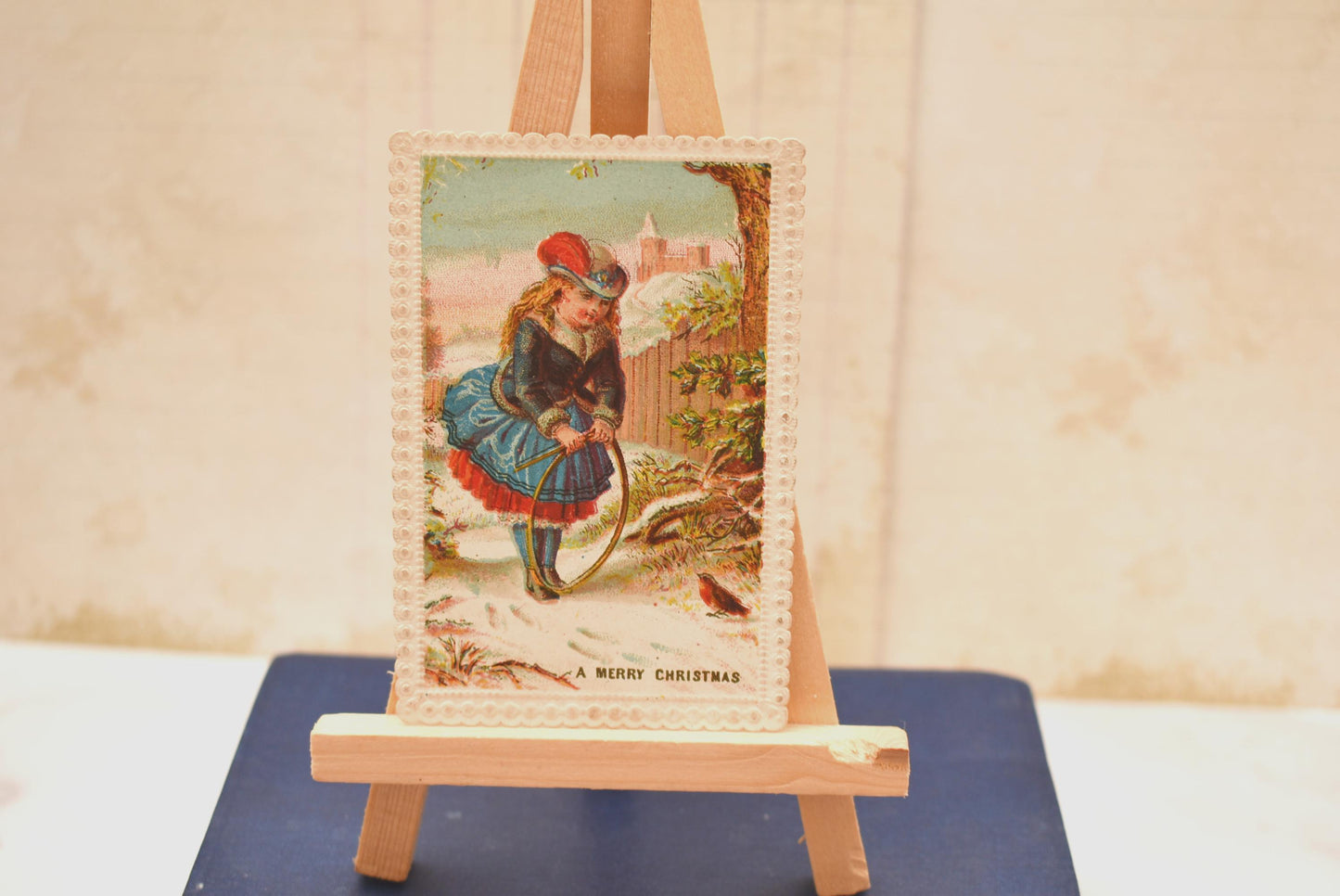 Antique Victorian Christmas Card - Beautiful Embossed Edged Little Girl with Hoop and Robin 1870s