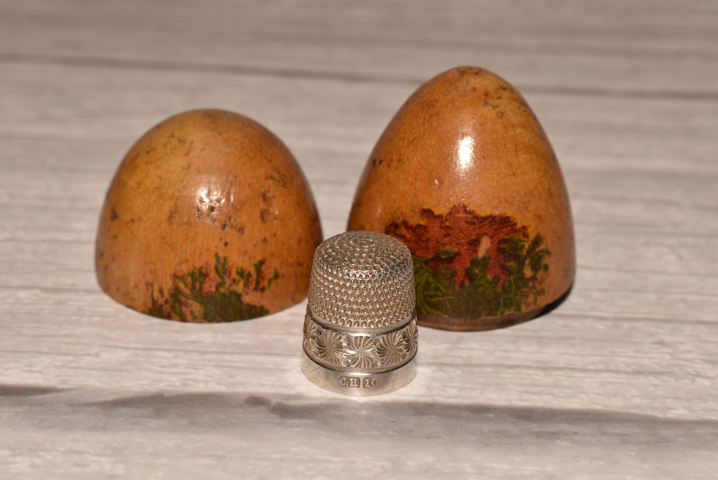 Antique Mauchline Thimble Etui with Charles Horner Thimble - Gorgeous Wooden Egg Secret Box