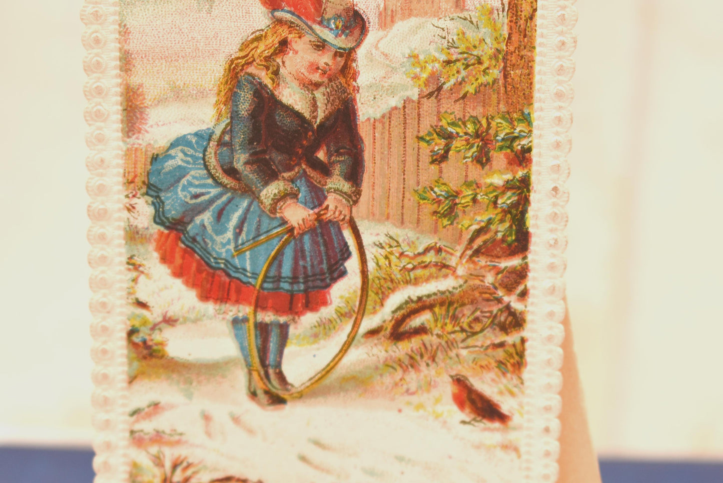 Antique Victorian Christmas Card - Beautiful Embossed Edged Little Girl with Hoop and Robin 1870s
