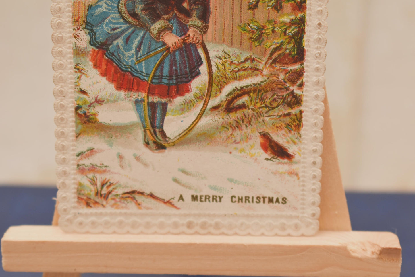 Antique Victorian Christmas Card - Beautiful Embossed Edged Little Girl with Hoop and Robin 1870s
