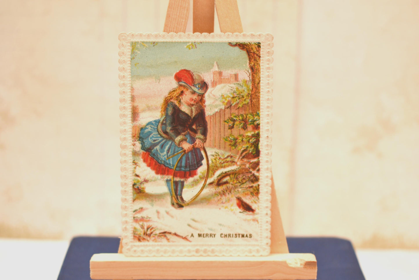 Antique Victorian Christmas Card - Beautiful Embossed Edged Little Girl with Hoop and Robin 1870s