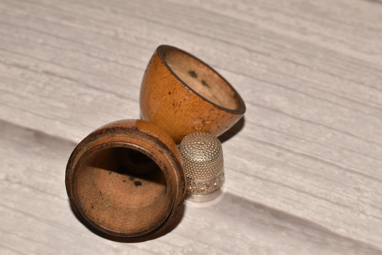 Antique Mauchline Thimble Etui with Charles Horner Thimble - Gorgeous Wooden Egg Secret Box