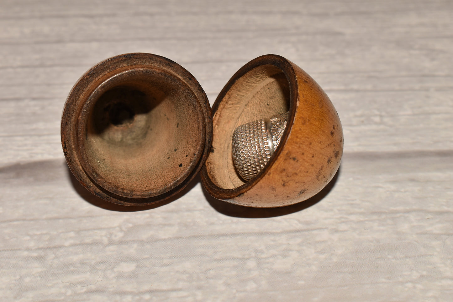 Antique Mauchline Thimble Etui with Charles Horner Thimble - Gorgeous Wooden Egg Secret Box