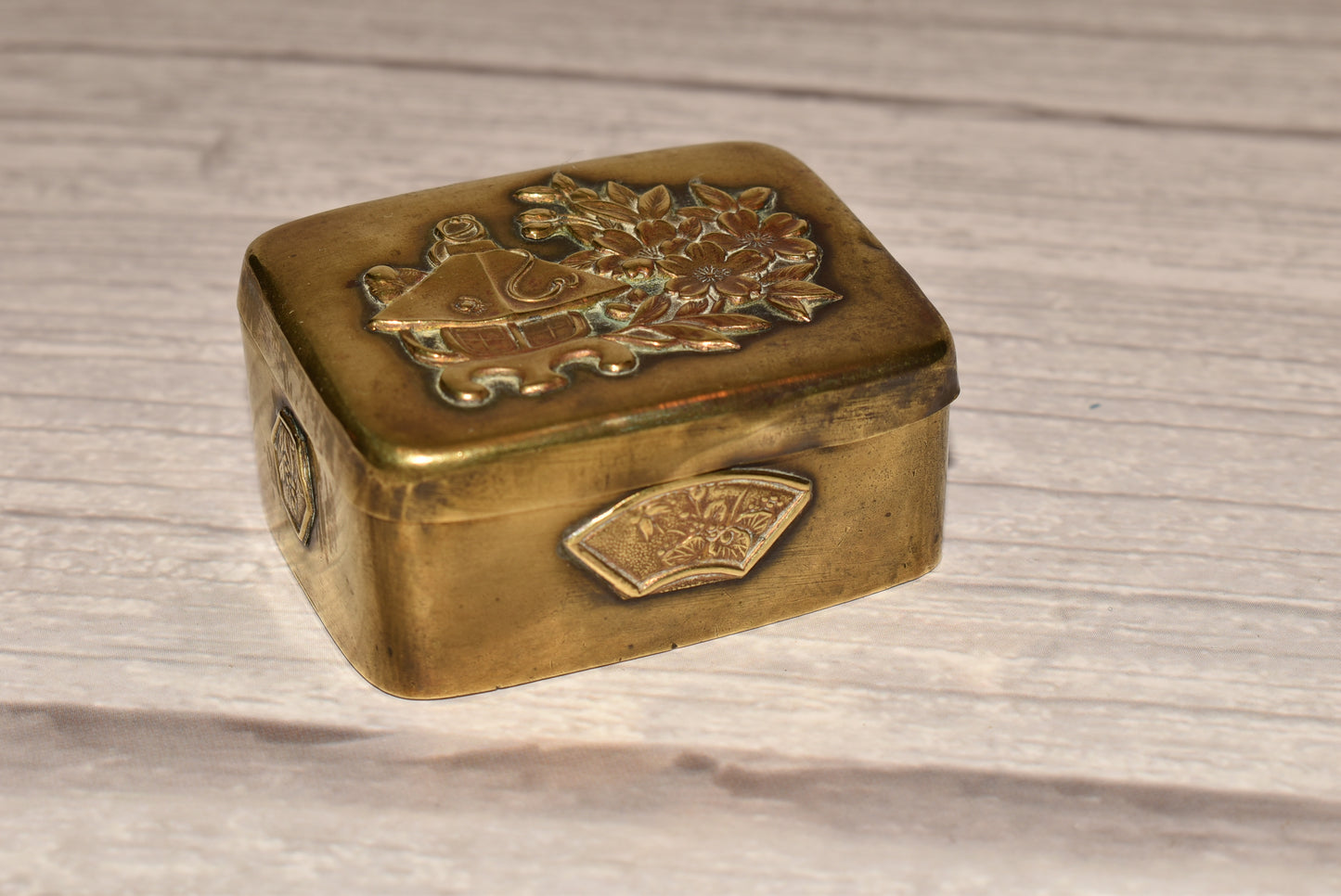 Antique Japanese Box - Gorgeous Victorian Brass Applied Flowers Trinket Box