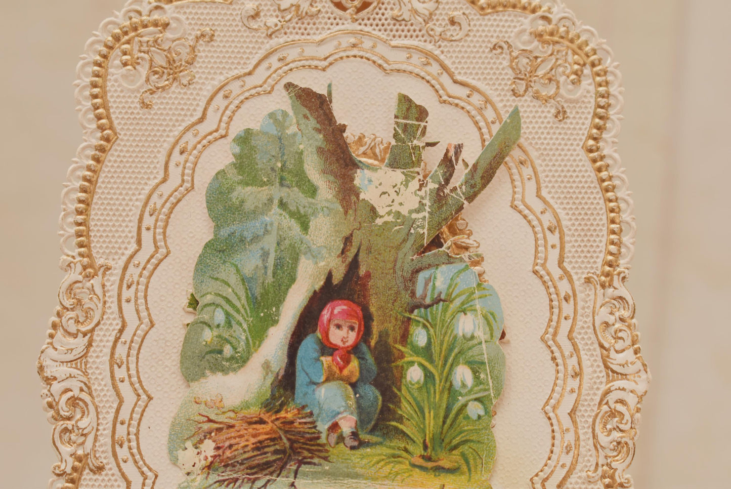 Antique Victorian Christmas Card - Stunning Hand Crafted Lace Paper Little Jack Horner Secret Message