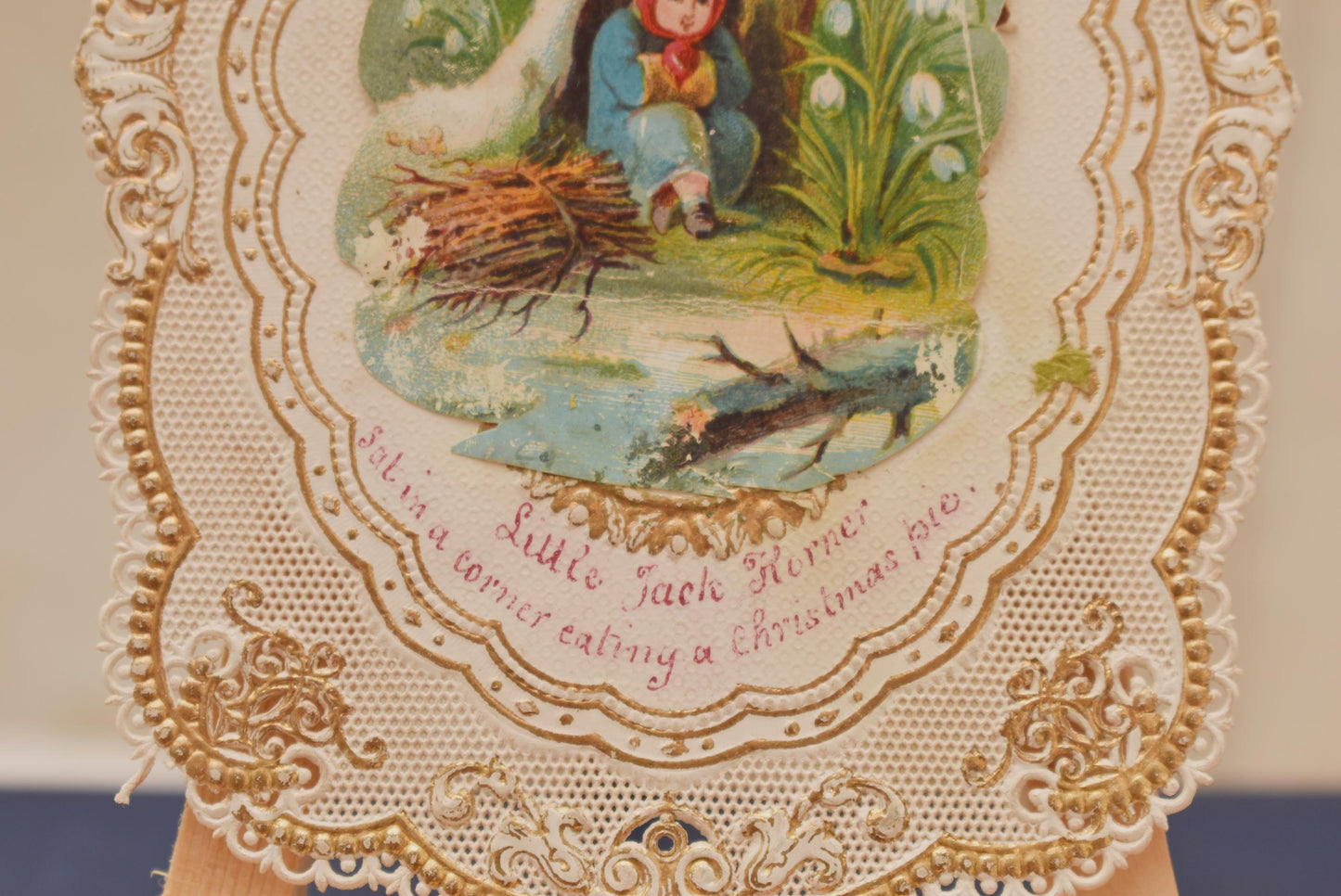 Antique Victorian Christmas Card - Stunning Hand Crafted Lace Paper Little Jack Horner Secret Message
