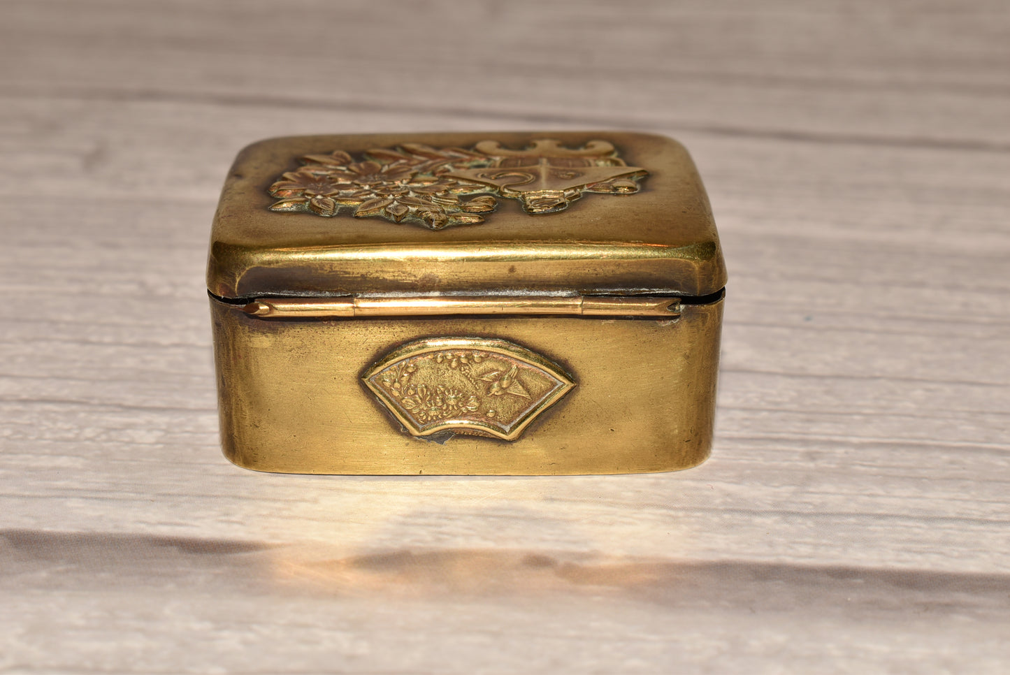 Antique Japanese Box - Gorgeous Victorian Brass Applied Flowers Trinket Box