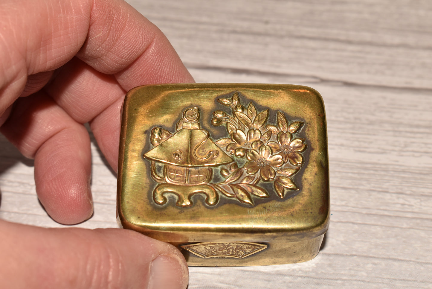 Antique Japanese Box - Gorgeous Victorian Brass Applied Flowers Trinket Box