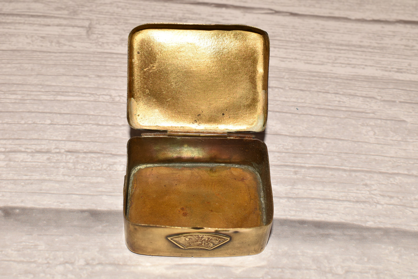 Antique Japanese Box - Gorgeous Victorian Brass Applied Flowers Trinket Box