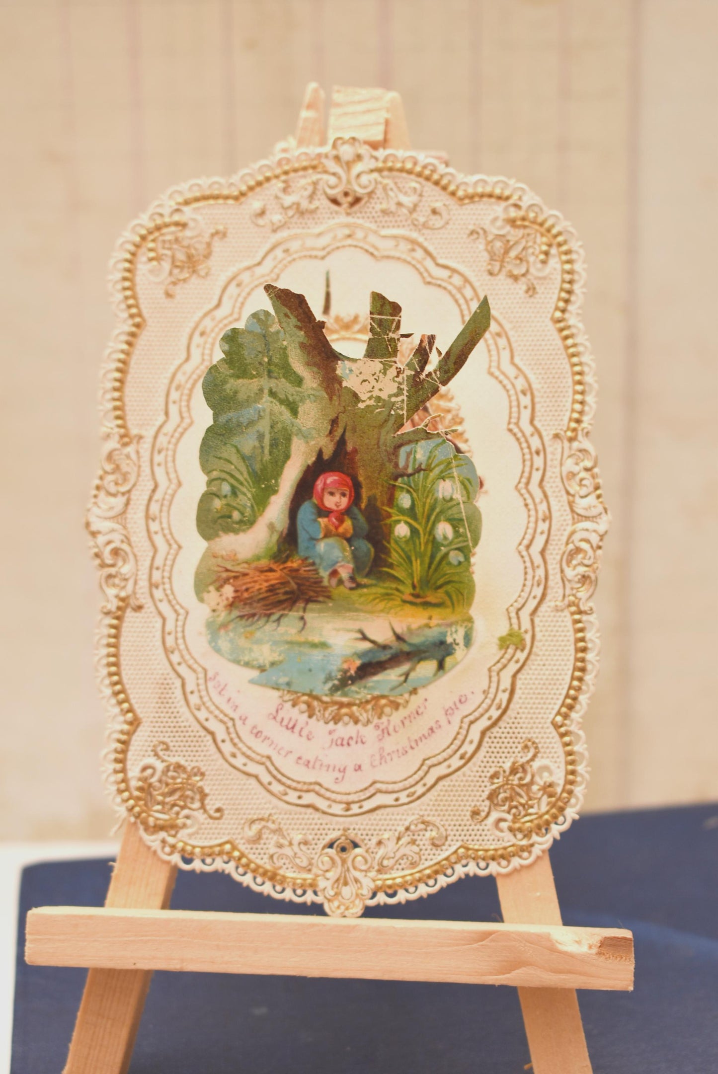Antique Victorian Christmas Card - Stunning Hand Crafted Lace Paper Little Jack Horner Secret Message