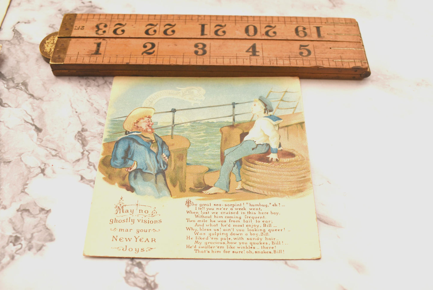 Antique Victorian New Year Card - Charming Macabre Sea Monster Card with Sailor's Poem