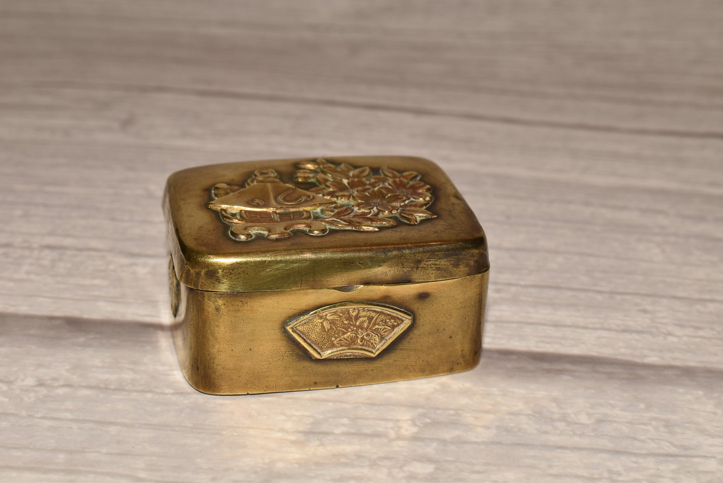 Antique Japanese Box - Gorgeous Victorian Brass Applied Flowers Trinket Box