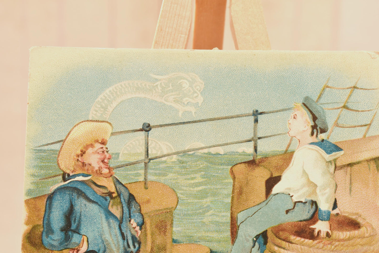 Antique Victorian New Year Card - Charming Macabre Sea Monster Card with Sailor's Poem