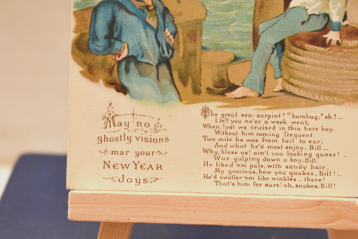 Antique Victorian New Year Card - Charming Macabre Sea Monster Card with Sailor's Poem