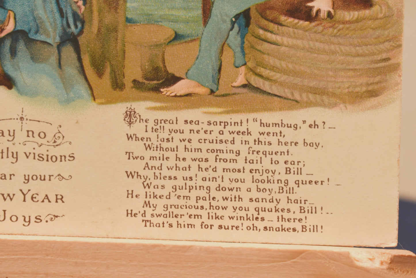 Antique Victorian New Year Card - Charming Macabre Sea Monster Card with Sailor's Poem