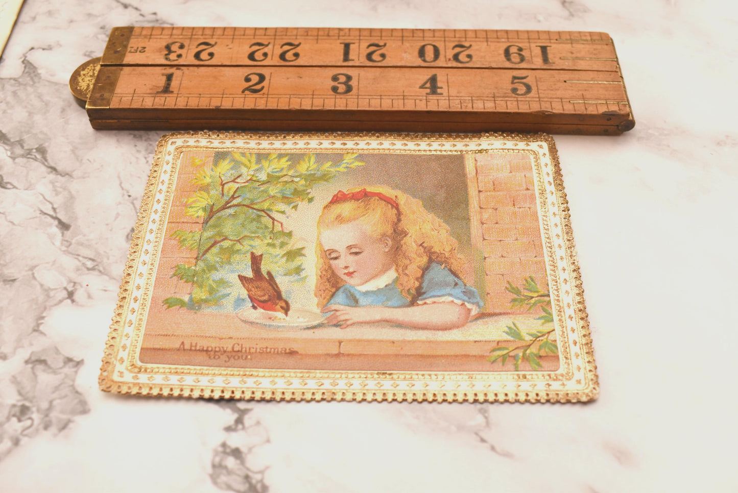 Antique Victorian Christmas Card - Stunning Gold Edged Little Girl Feeding Robin 1870s