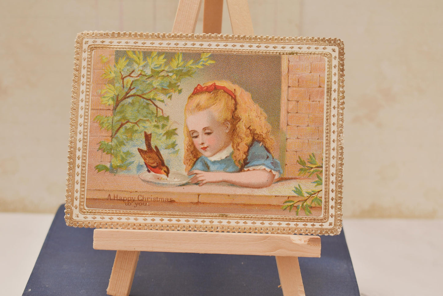 Antique Victorian Christmas Card - Stunning Gold Edged Little Girl Feeding Robin 1870s