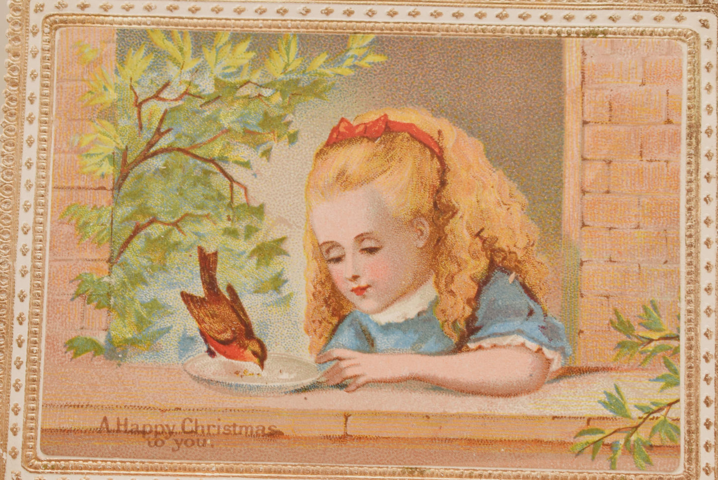 Antique Victorian Christmas Card - Stunning Gold Edged Little Girl Feeding Robin 1870s
