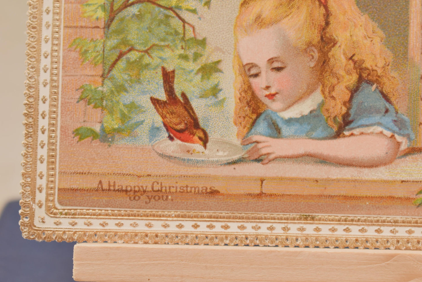 Antique Victorian Christmas Card - Stunning Gold Edged Little Girl Feeding Robin 1870s