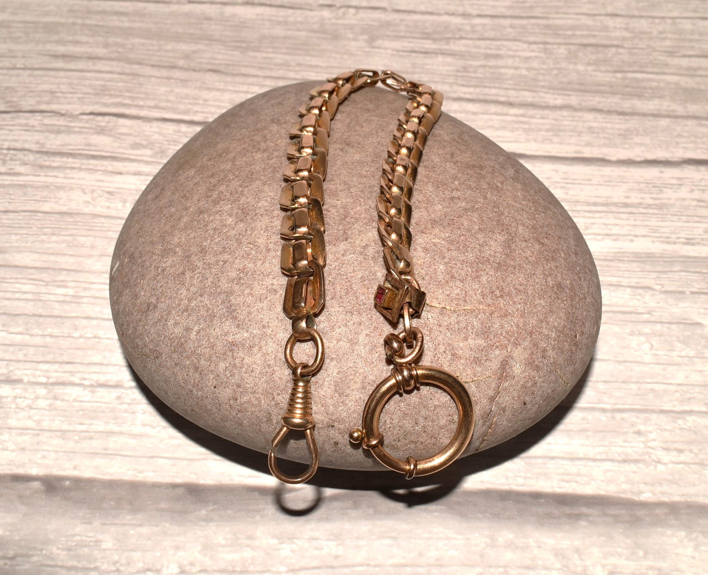 Victorian Watch Chain - Beautiful Rare Antique Fancy Rolled Gold with Gemstone and Large Bolt Ring