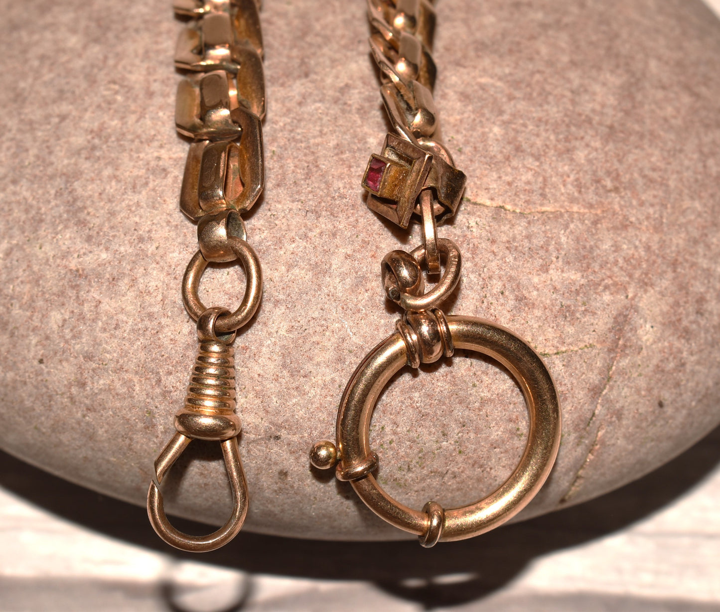 Victorian Watch Chain - Beautiful Rare Antique Fancy Rolled Gold with Gemstone and Large Bolt Ring