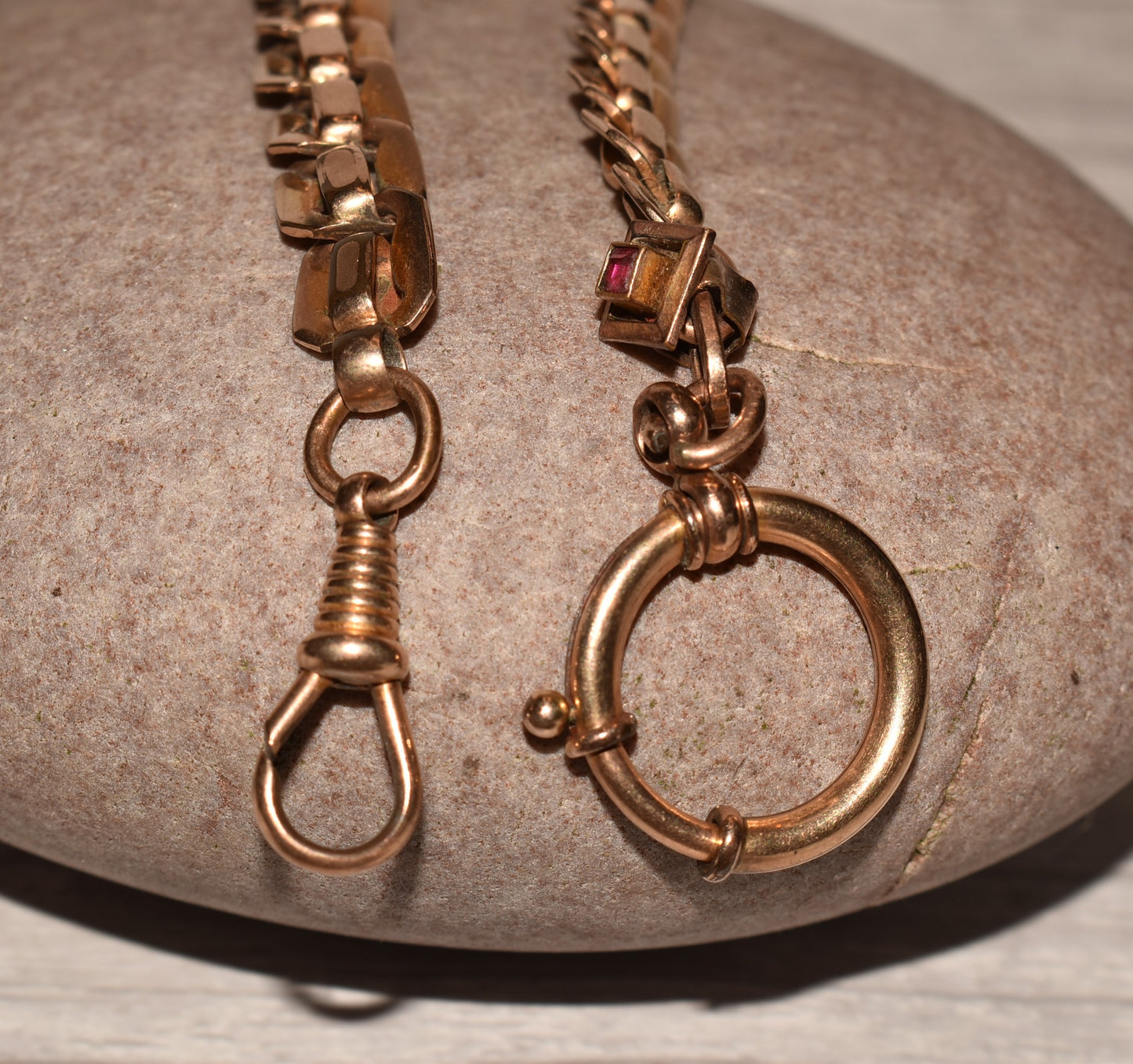 Victorian Watch Chain - Beautiful Rare Antique Fancy Rolled Gold with Gemstone and Large Bolt Ring