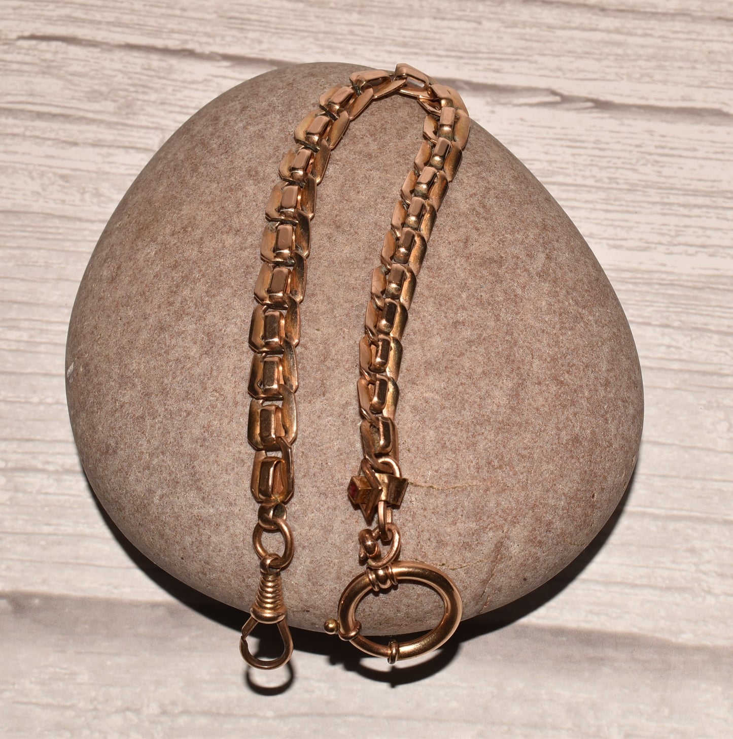 Victorian Watch Chain - Beautiful Rare Antique Fancy Rolled Gold with Gemstone and Large Bolt Ring