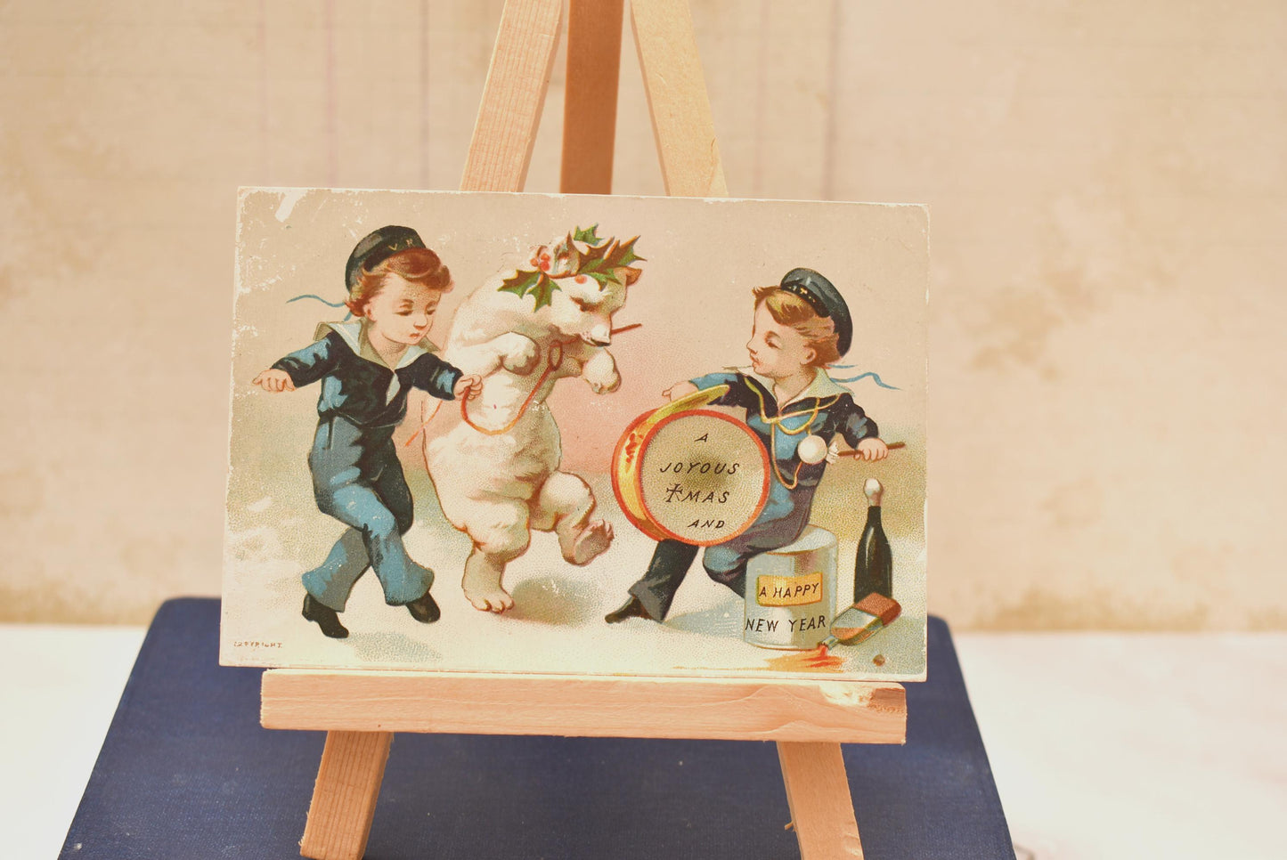 Antique Victorian Christmas Card - Charming Little Band with Dancing Polar Bear 1870s