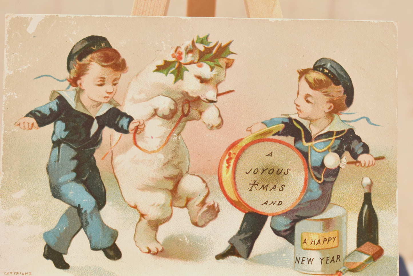 Antique Victorian Christmas Card - Charming Little Band with Dancing Polar Bear 1870s