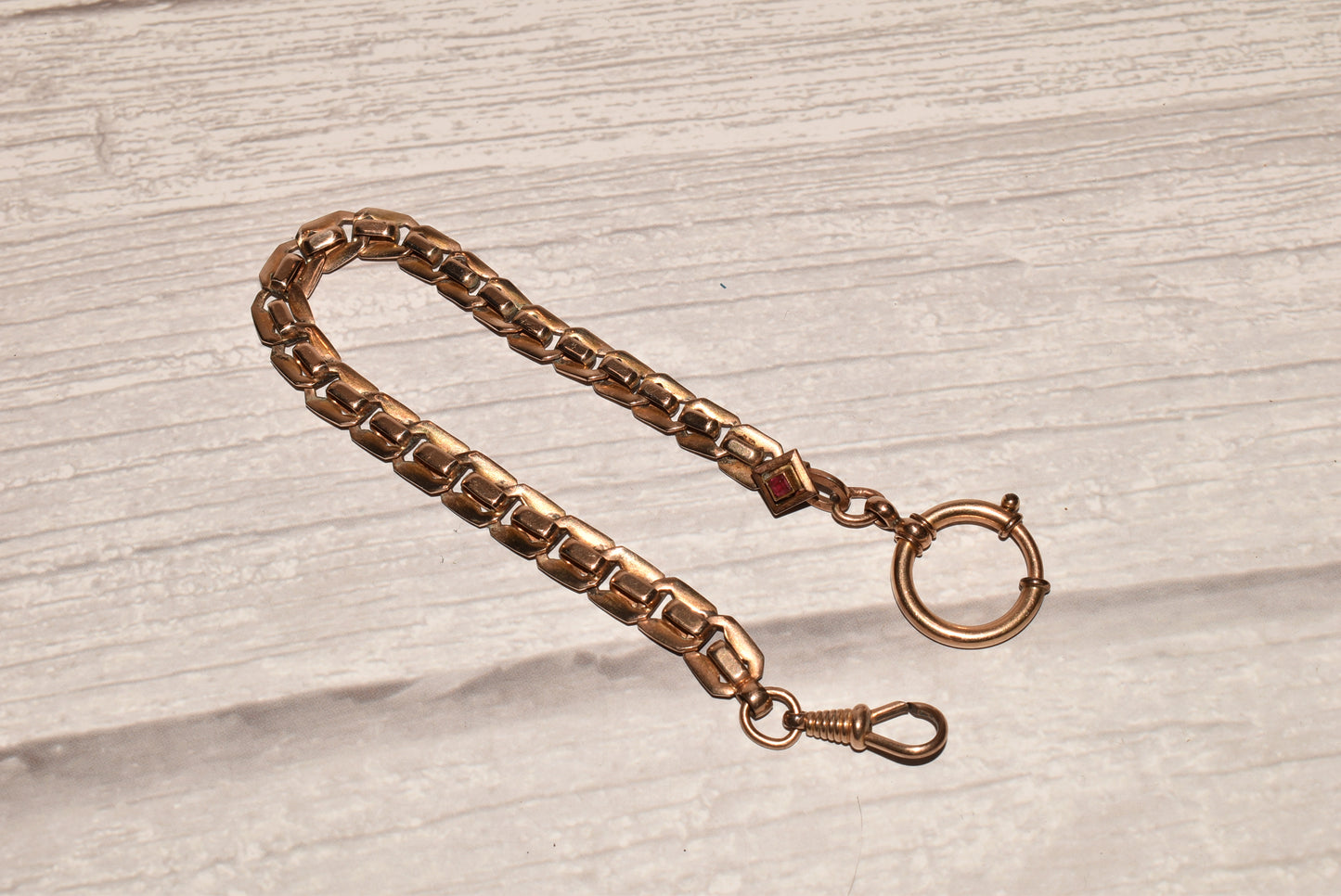 Victorian Watch Chain - Beautiful Rare Antique Fancy Rolled Gold with Gemstone and Large Bolt Ring
