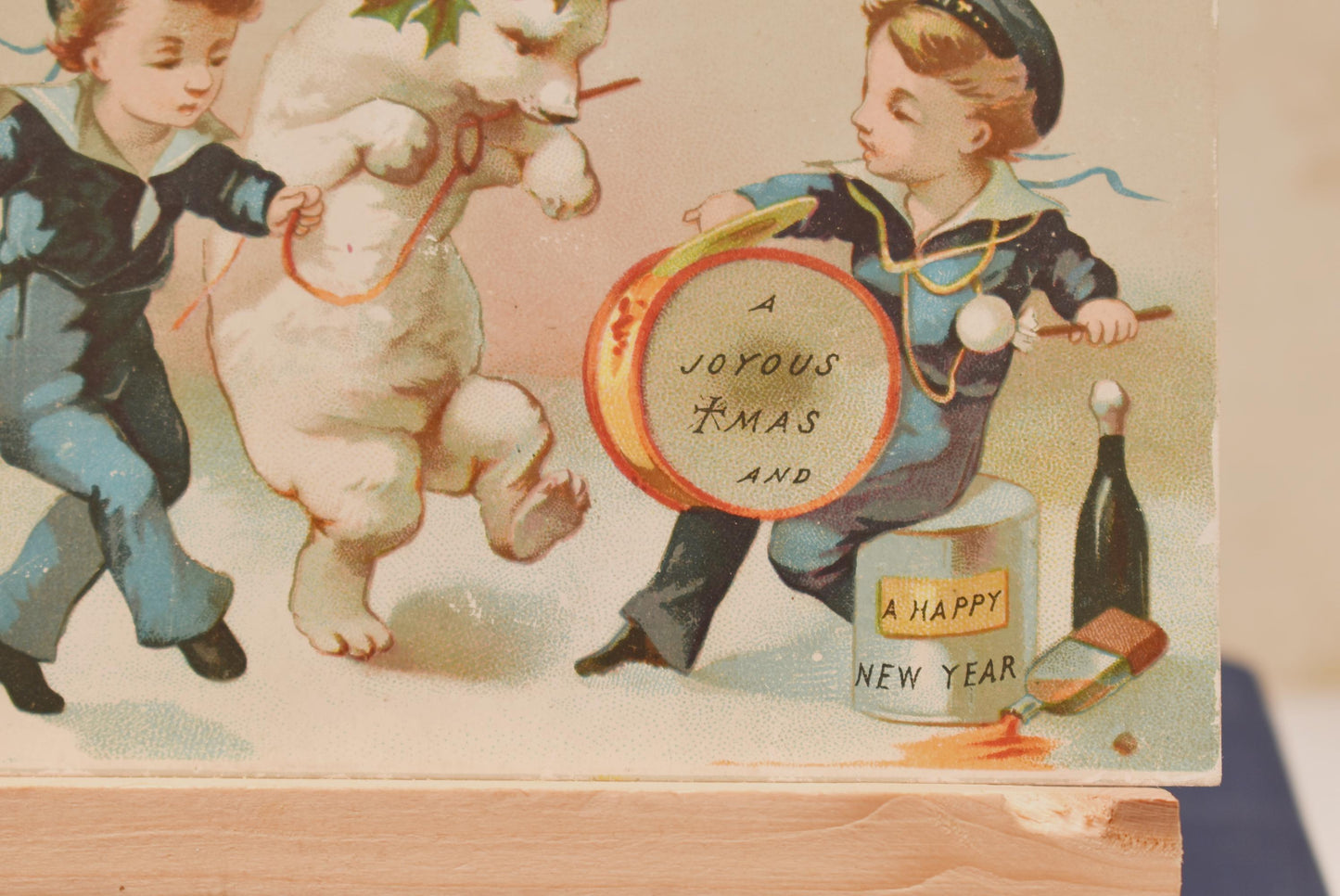 Antique Victorian Christmas Card - Charming Little Band with Dancing Polar Bear 1870s