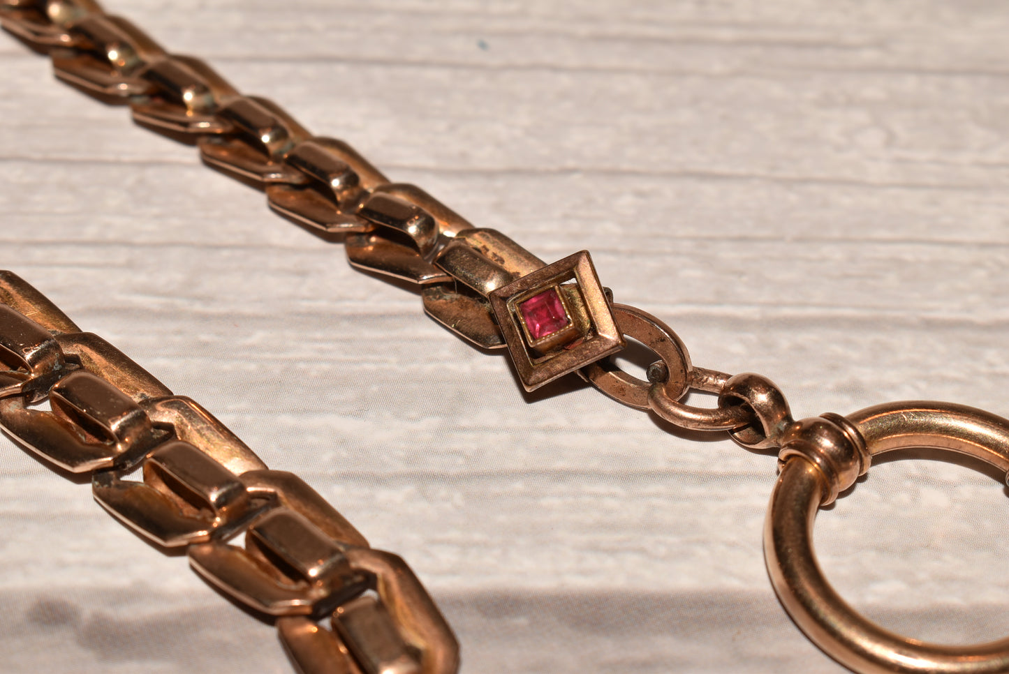 Victorian Watch Chain - Beautiful Rare Antique Fancy Rolled Gold with Gemstone and Large Bolt Ring